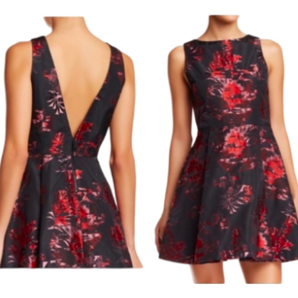 Alice + Olivia Floral Jacquard Cocktail Dress Metallic Black Pink Red V Back 8